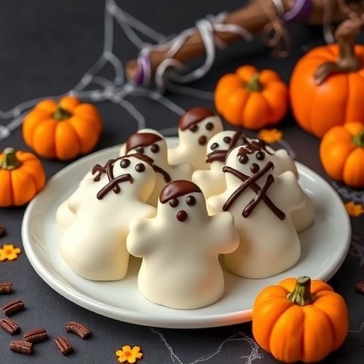 A plate of ghost-shaped Oreo truffle cookies surrounded by small pumpkins.