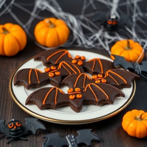 A plate of bat wing chocolate cookies decorated with orange icing, surrounded by pumpkins and Halloween decorations.