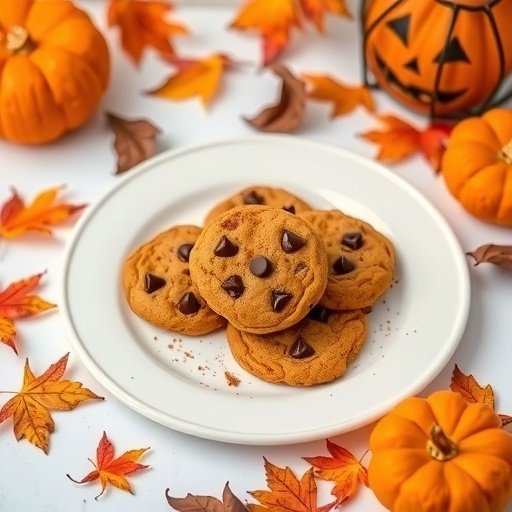 A plate of pumpkin chocolate chip cookies surrounded by autumn leaves and pumpkins.