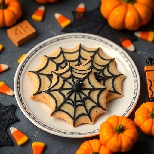 A plate of spiderweb Linzer cookies decorated with black icing and surrounded by pumpkins and candy corn.