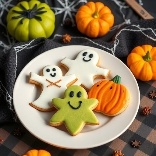 A plate of Halloween-themed cookies including ghost and pumpkin shapes, featuring a ghoulish green matcha cookie.