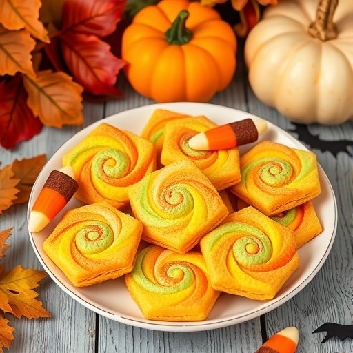 A plate of colorful Candy Corn Pinwheel Cookies decorated with candy corn.