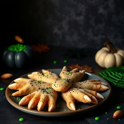 A plate of creepy witch finger shortbread cookies decorated with green sprinkles and almond nails.
