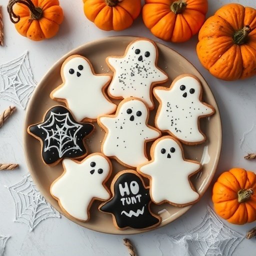 A plate of Halloween-themed cookies shaped like ghosts and decorated with spider webs, surrounded by pumpkins.