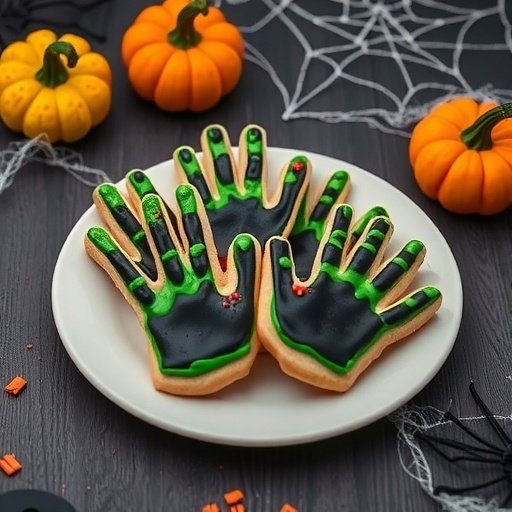 Zombie handprint sugar cookies decorated with green and black icing, surrounded by small pumpkins and spider web decorations.