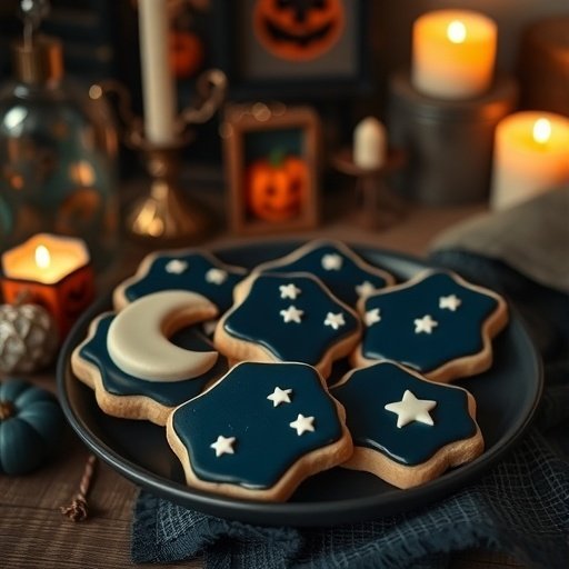 A plate of spooky night sky cookies decorated with dark blue icing, stars, and a crescent moon, surrounded by candles and Halloween decorations.