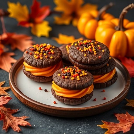 A plate of chocolate pumpkin sandwich cookies decorated with colorful sprinkles and surrounded by autumn leaves and pumpkins.