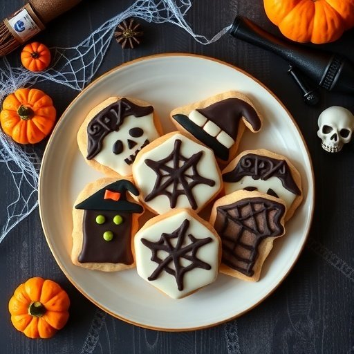 A plate of Halloween-themed cookies decorated with spooky designs.