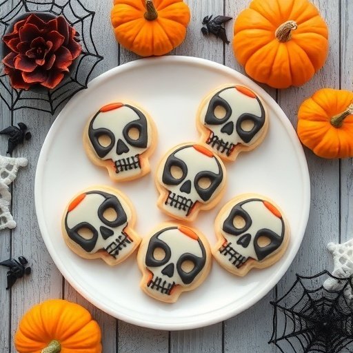 A plate of skull-shaped sugar cookies decorated with black icing, surrounded by small pumpkins and Halloween decorations.