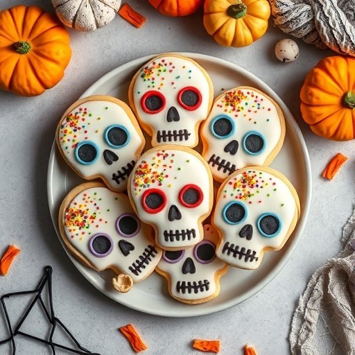 A plate of decorated skull sugar cookies surrounded by pumpkins and Halloween decorations.