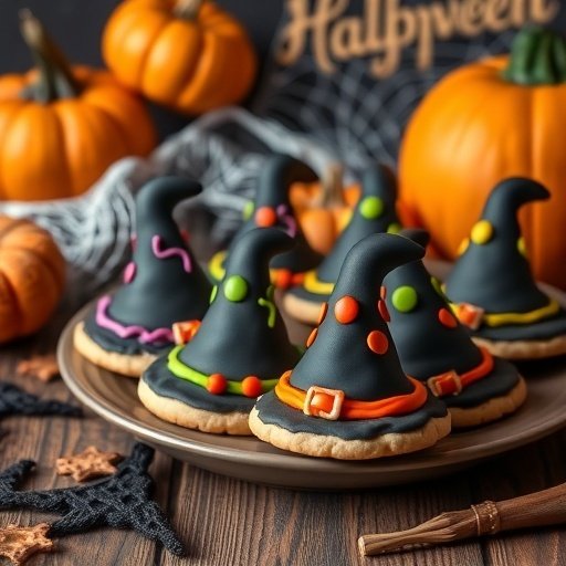 A plate of decorated witch's hat sugar cookies surrounded by pumpkins and Halloween decorations.