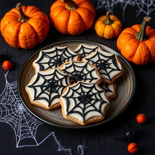 A plate of spiderweb sugar cookies surrounded by pumpkins and spider decorations.