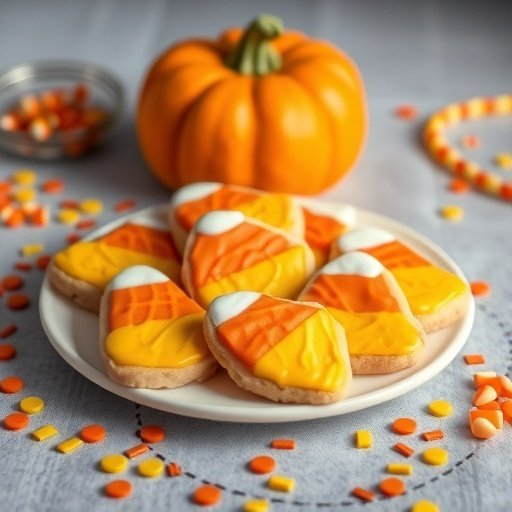 A plate of candy corn sugar cookies with a pumpkin in the background