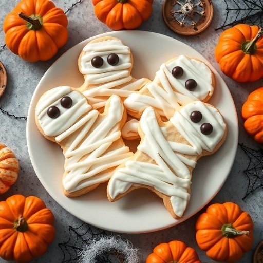 Mummy sugar cookies decorated with icing and chocolate chips, surrounded by pumpkins