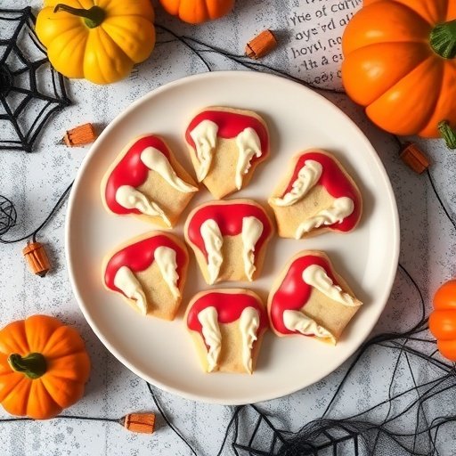 A plate of vampire fang sugar cookies surrounded by pumpkins and spider webs.