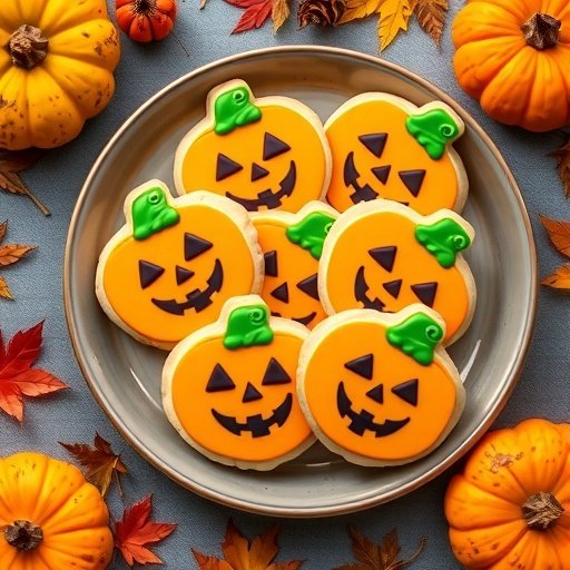 A plate of Jack-O'-Lantern sugar cookies surrounded by pumpkins and autumn leaves.
