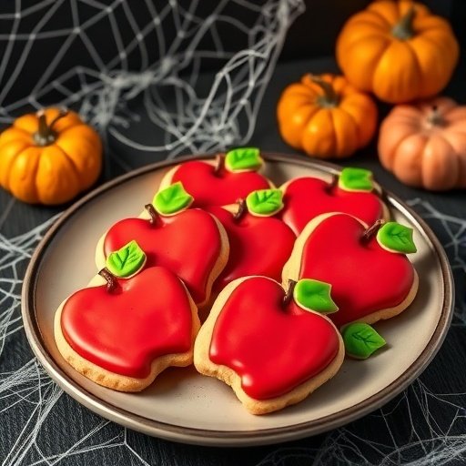 A plate of Poison Apple Sugar Cookies decorated with red icing and green leaves, surrounded by pumpkins and spider web decor.
