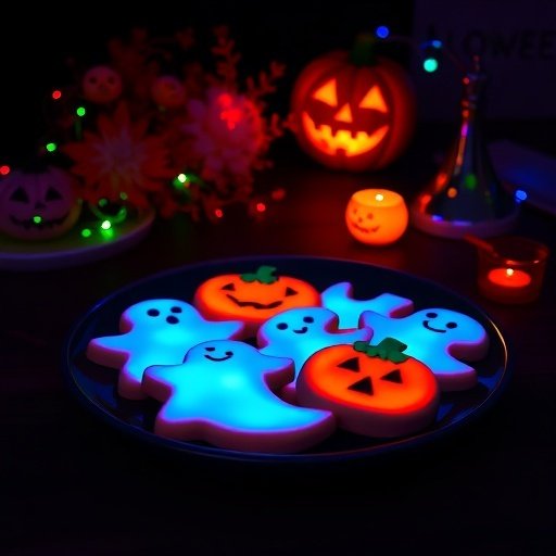 A plate of glow-in-the-dark sugar cookies shaped like ghosts and pumpkins, surrounded by Halloween decorations.