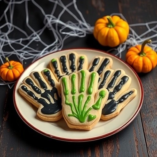 A plate of decorated sugar cookies shaped like zombie handprints, featuring black and green icing, with small pumpkins in the background.