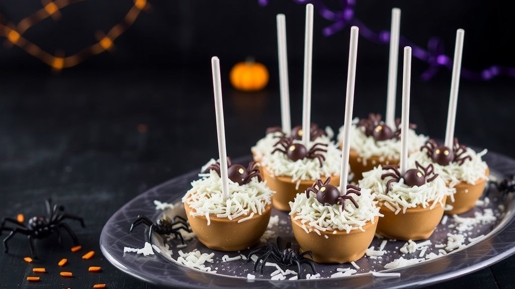 Spider Egg Nest Cake Pops decorated with chocolate and coconut on a spooky platter.