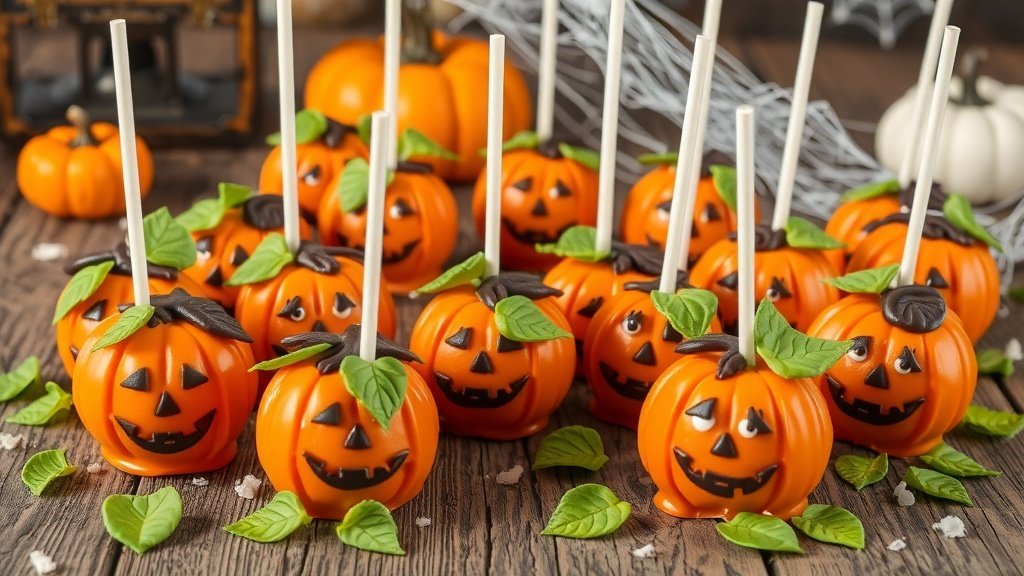 Haunted pumpkin patch cake pops shaped like pumpkins with green leaves on a wooden table with Halloween decorations.