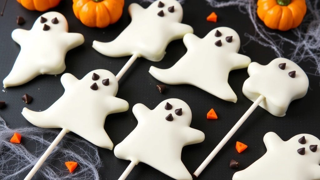 Ghostly Oreo cake pops with white chocolate coating and chocolate chip eyes on a spooky Halloween-themed background.