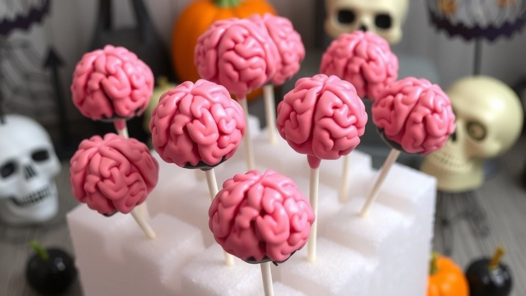 Zombie Brain Cake Pops shaped like brains, coated in pink chocolate, decorated with black gel, displayed on a styrofoam block.