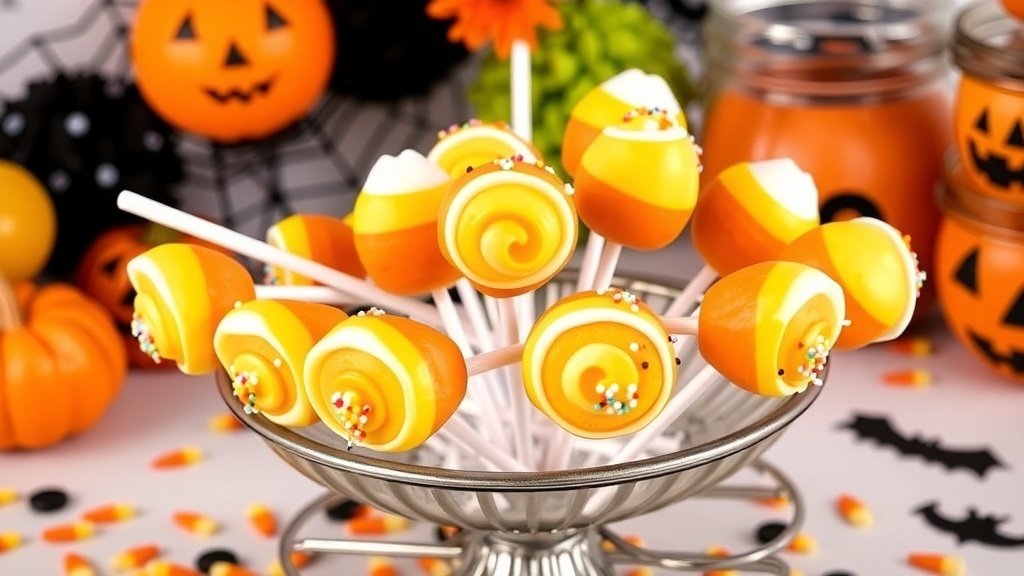 Colorful Candy Corn Swirl Cake Pops on a stand, decorated for Halloween.