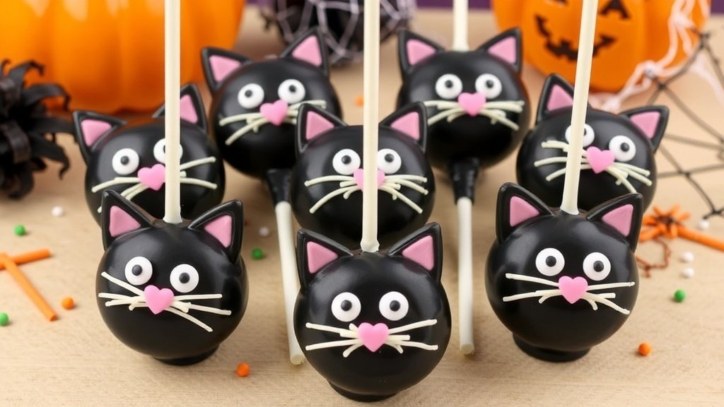A collection of Halloween-themed cake pops shaped like black cats, decorated with candy eyes and whiskers, on a festive table.