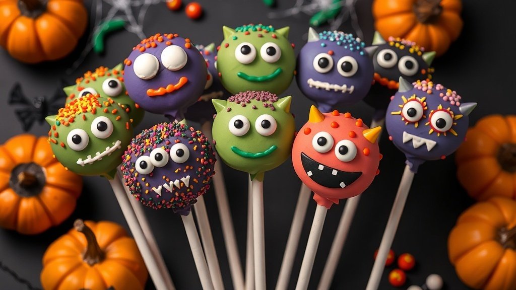 A variety of monster-themed cake pops decorated for Halloween, showcasing colorful coatings and fun designs.