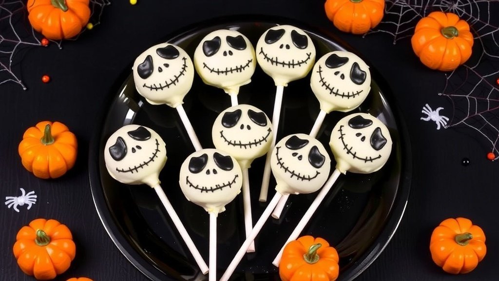 Jack Skellington cake pops decorated with spooky faces on a black plate surrounded by Halloween decorations.