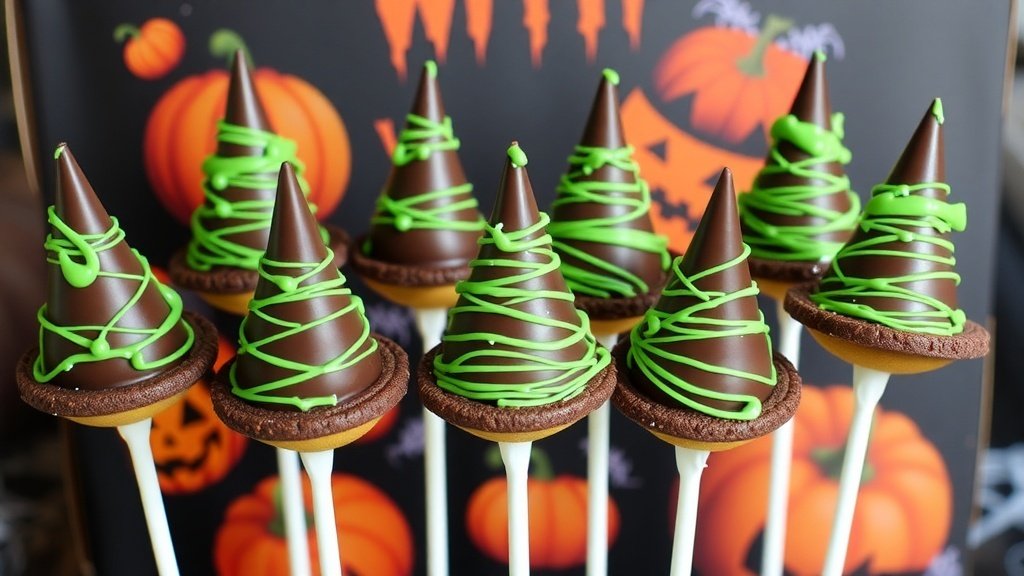 Wicked Witch Hat Cake Pops decorated for Halloween, featuring chocolate and green colors.