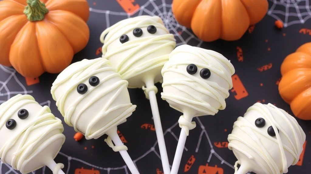 Mummy Bandage Cake Pops with white chocolate coating and candy eyes, decorated for Halloween.