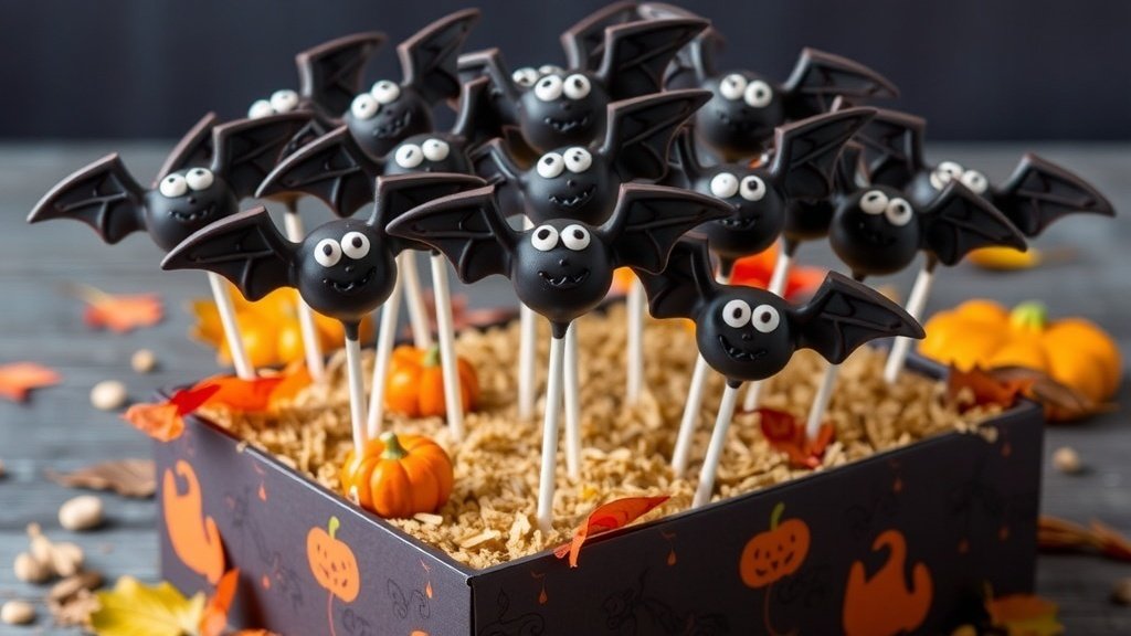A collection of bat wing cake pops decorated with chocolate and sprinkles on a Halloween-themed platter.