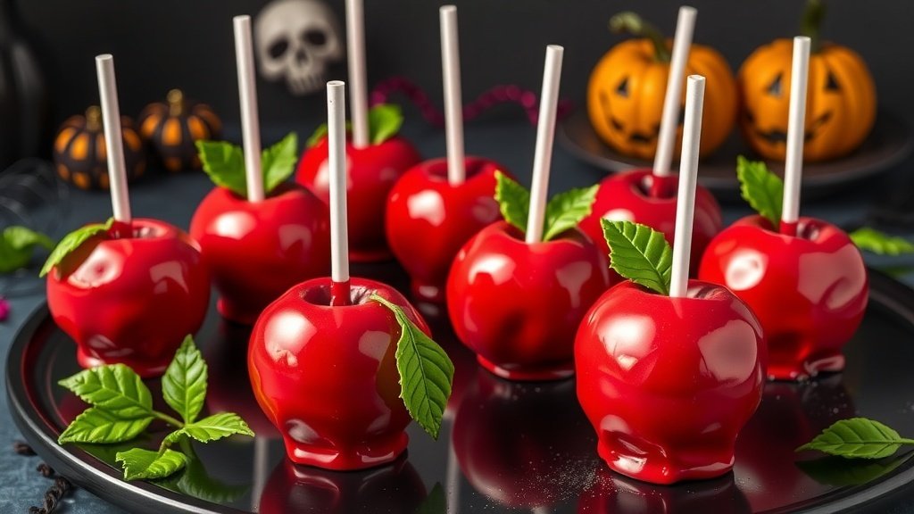 Glossy red Poison Apple Cake Pops on a spooky Halloween-themed table.
