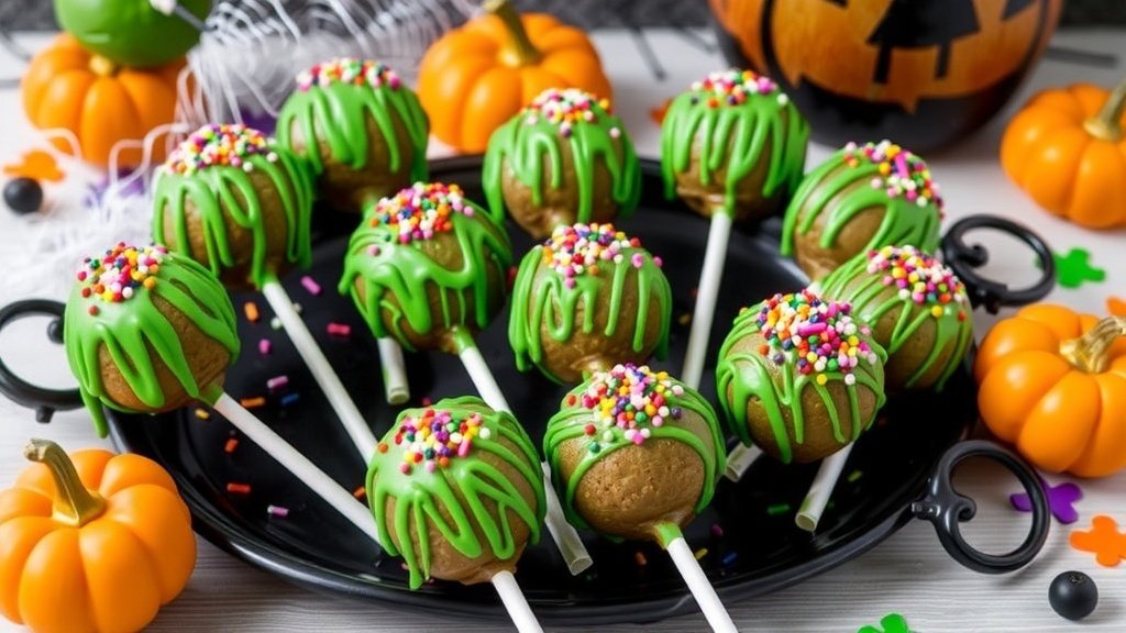 A platter of Witches’ Brew Bubble Cake Pops with green chocolate drip and Halloween decorations.