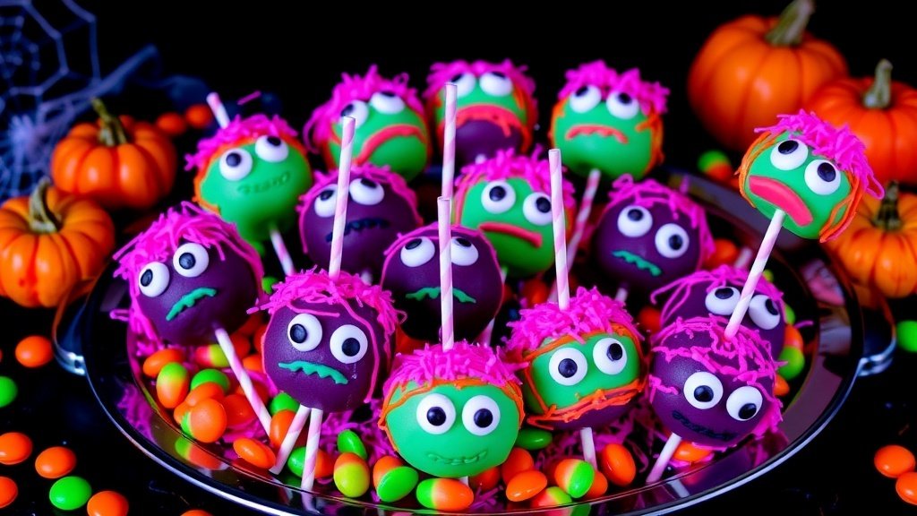 Colorful monster cake pops with neon candy eyes on a Halloween-themed platter.