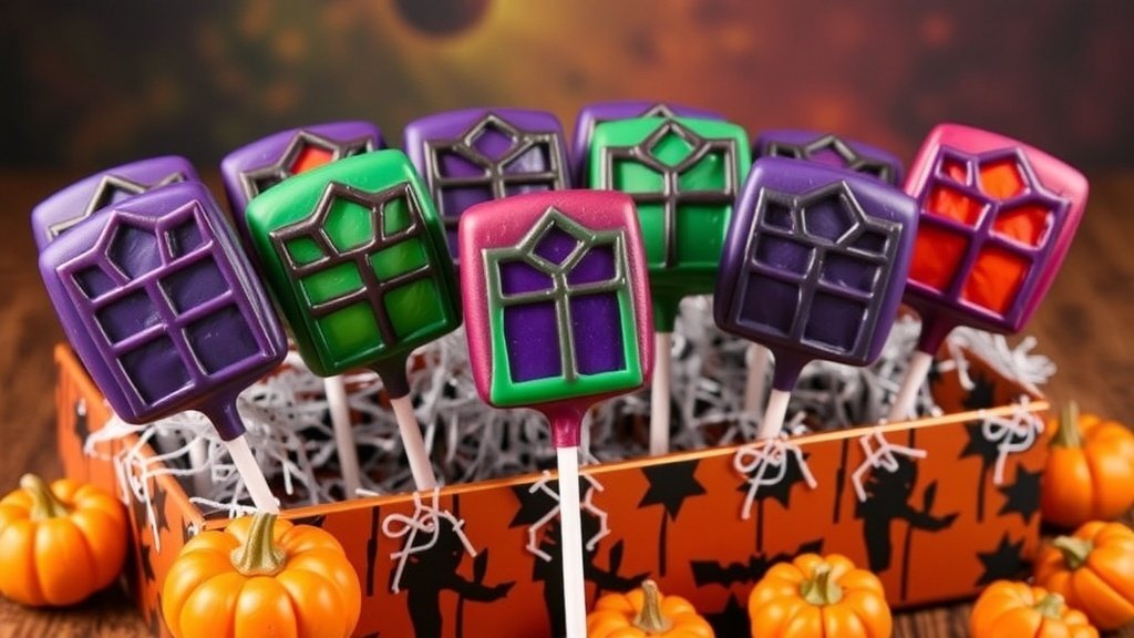 Haunted Mansion Window Cake Pops with stained glass effect in vibrant colors, displayed on a Halloween-themed platter.