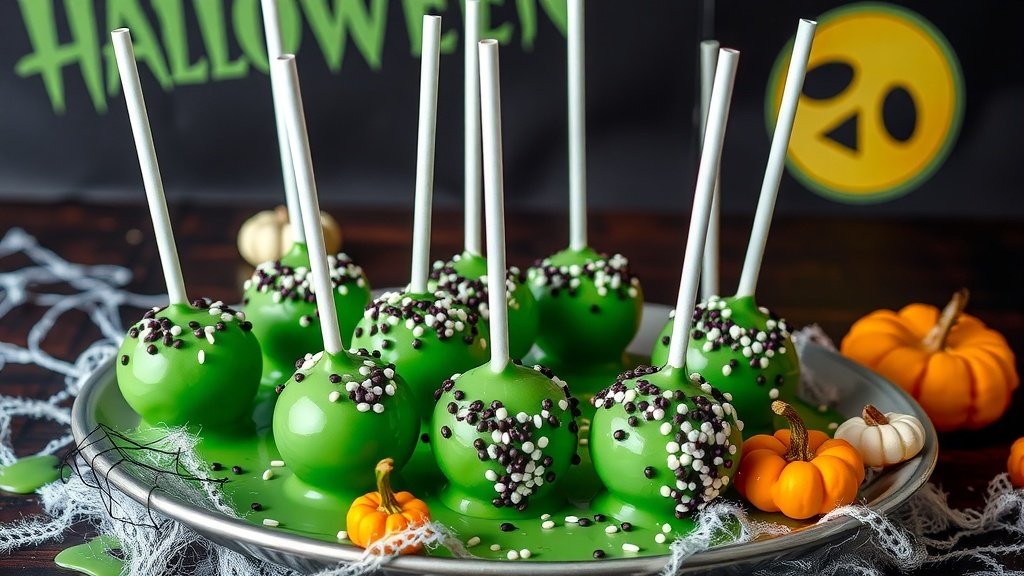Ghoulish green slime cake pops on a Halloween-themed platter, decorated with sprinkles and set against a spooky backdrop.