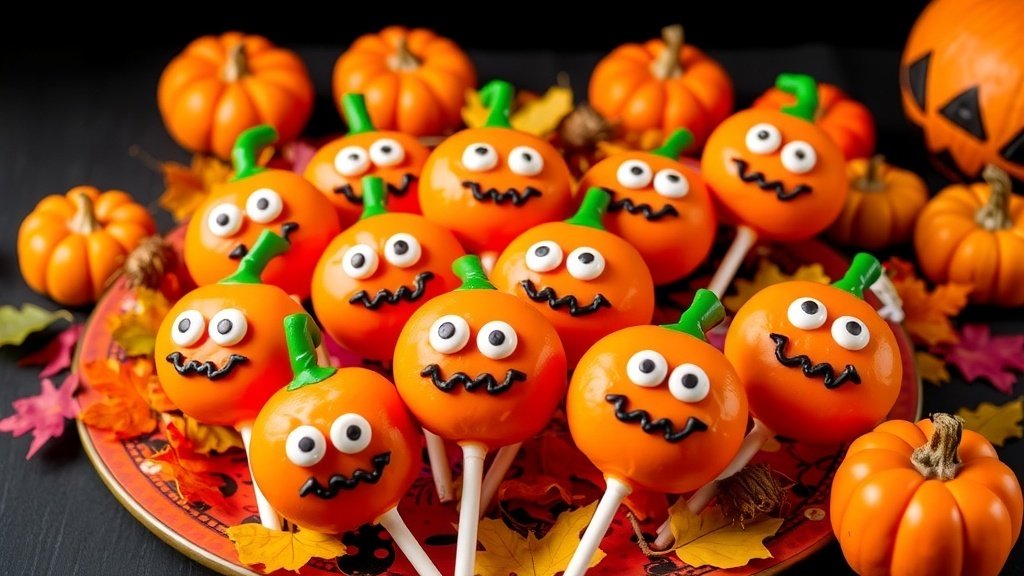 Colorful Pumpkin Patch Monster Cake Pops with monster faces on a Halloween-themed platter.