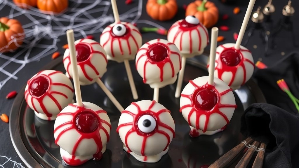 Bloody Eyeball Cake Pops with raspberry filling, decorated with candy eyes and red chocolate drizzle, on a Halloween-themed table.