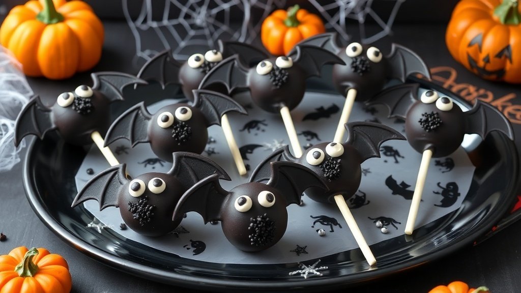 Midnight Moonlight Bat Cake Pops shaped like bats, coated in black chocolate with edible eyes, on a Halloween-themed platter.