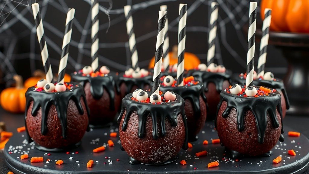 Cursed Candy Cauldron Cake Pops with black drip and glitter on a Halloween-themed table.