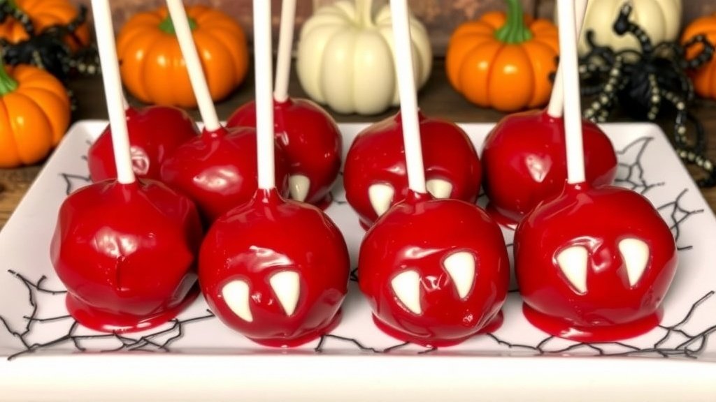 Vampire Bite Red Velvet Cake Pops with Fangs on a spooky platter, decorated for Halloween.