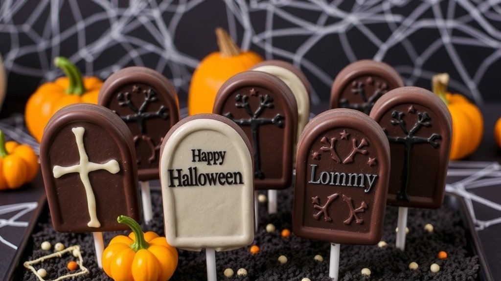 Haunted tombstone cake pops decorated for Halloween, displayed on a spooky table with Halloween decorations.