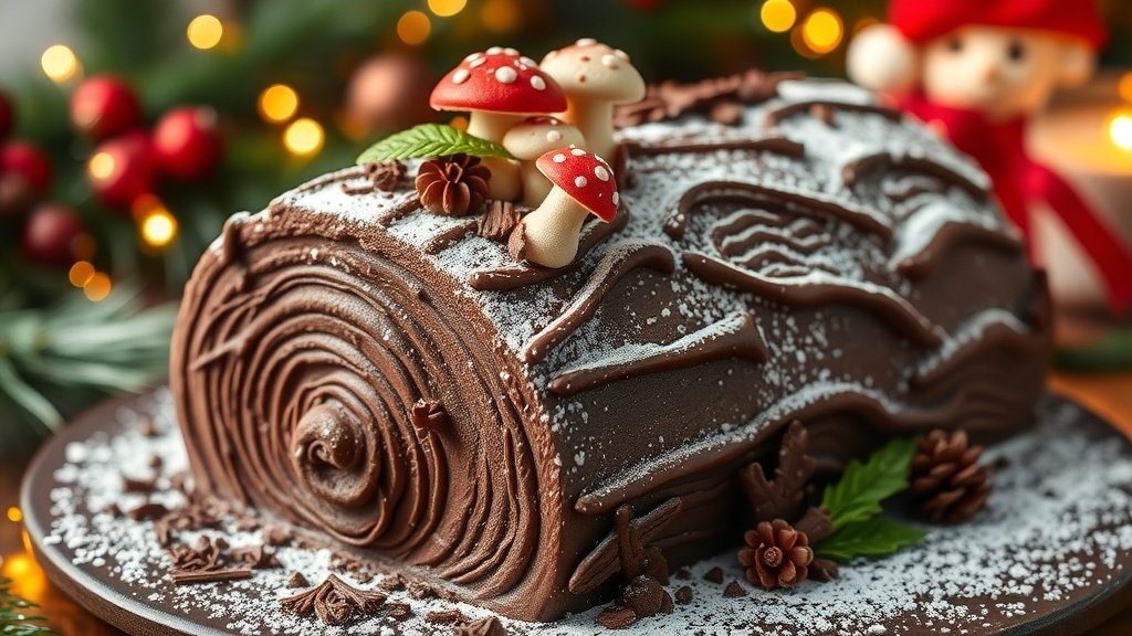 A decorated Yule Log Cake with chocolate ganache and festive garnishes, perfect for Christmas desserts.