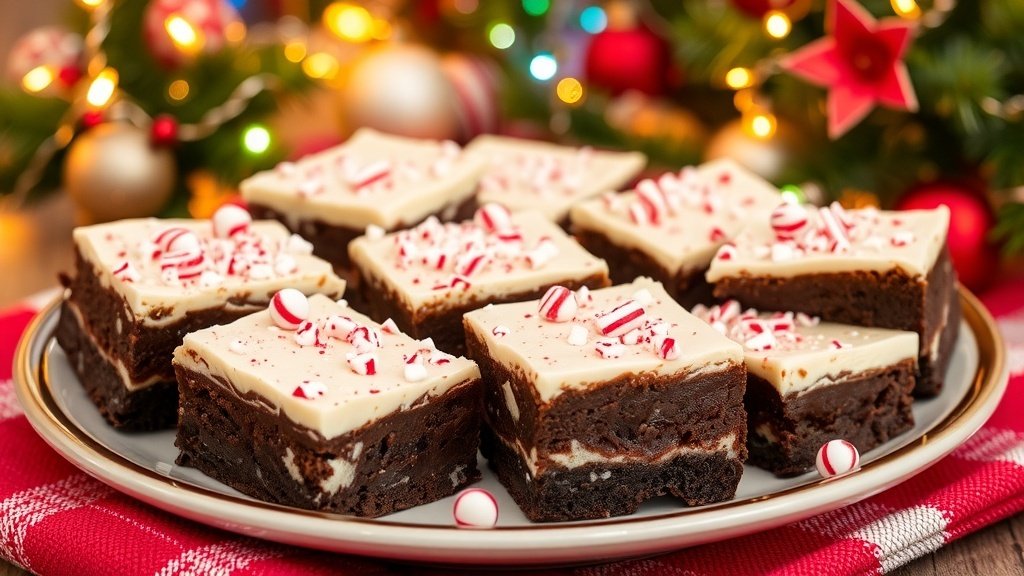 A plate of peppermint bark brownies topped with crushed peppermint candies, set in a festive holiday setting.