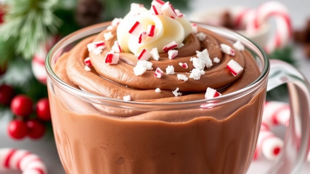 Chocolate peppermint mousse in a glass cup, topped with whipped cream and candy canes, set against a festive holiday backdrop.