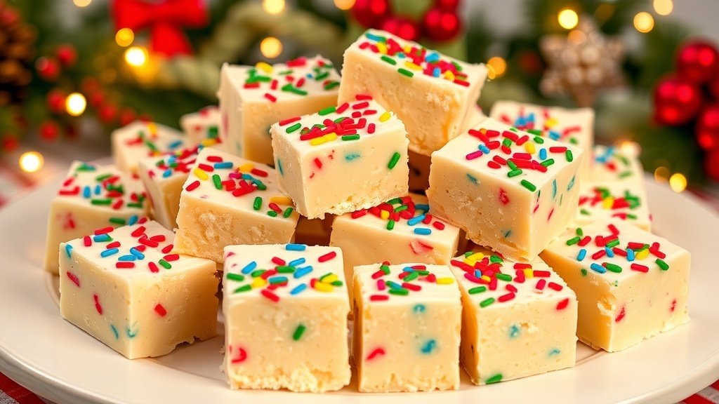 Colorful sugar cookie fudge squares with sprinkles on a festive platter, surrounded by holiday decorations.