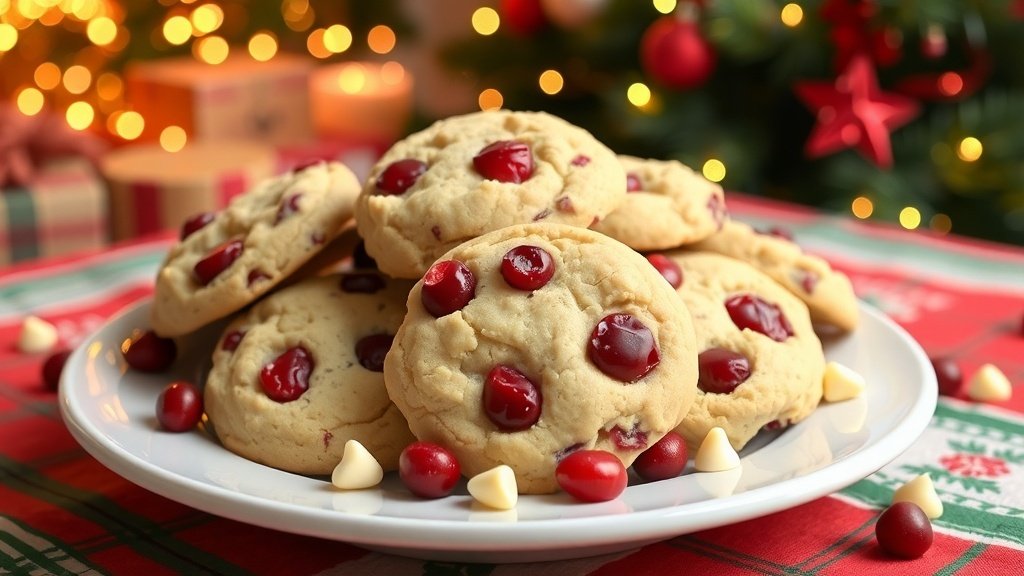 A plate of white chocolate cranberry cookies with cranberries and chocolate chips, set on a festive table.